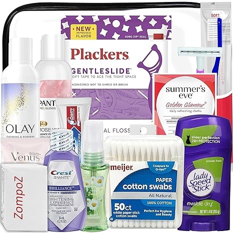 Womens Travel Toiletries Kit, Travel Bag of Hygiene Essentials for Bath, Shaving and Personal Care, 13 Mini TSA approved items in Reusable Zipper Bag with Bonus Zompo-Z Tissue Packet