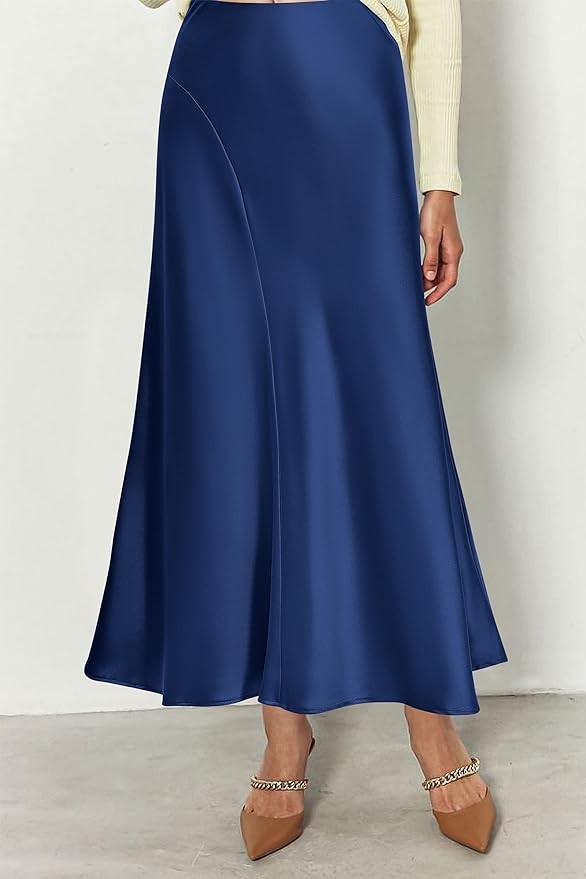 Pretty Garden Womens Midi Skirts Summer High Waisted Ruffle A Line Satin Mermaid Skirt