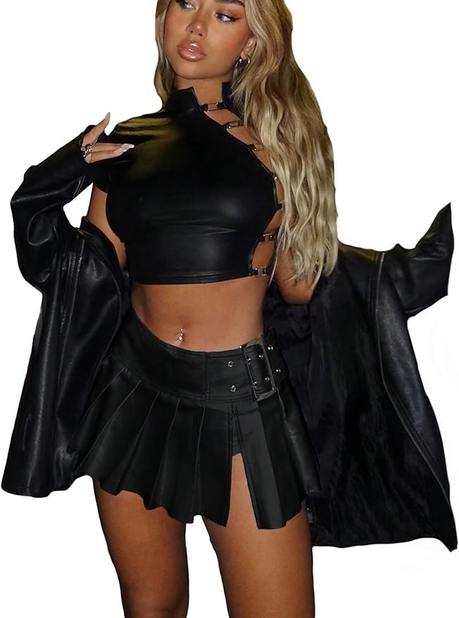 WDIRARA Women's Metallic Split Side Low Rise Drop Waist Pleated Short Skirt