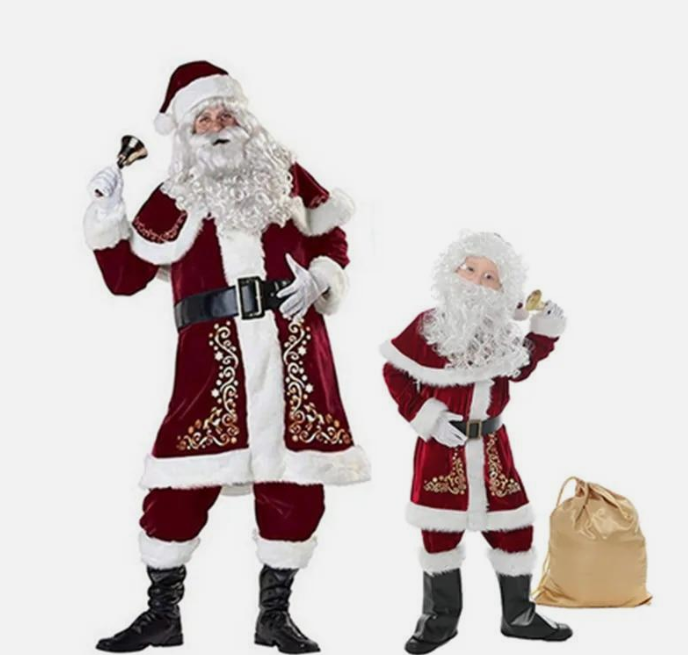 Men's Santa Costume Set 8pcs Velvet Christmas Adult Santa Claus Cosplay Dress Up