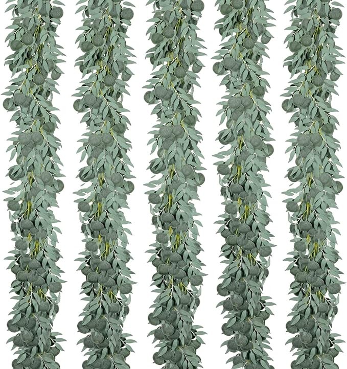 Kisflower 5 Pack 6.56FT Eucalyptus Garlands Artificial Greenery with Willow Leaves Fake Hanging Plants Vines for Wedding Arch Decorations Party Hotel Room Table Home Garden Office Wall Decor Visit the