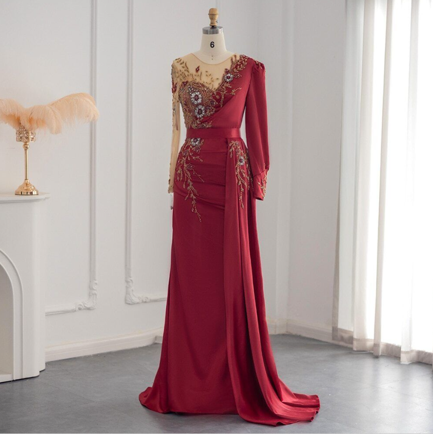 Burgundy Arabic Mermaid Evening Dress Wedding Guest Luxury Dubai Beaded Gowns