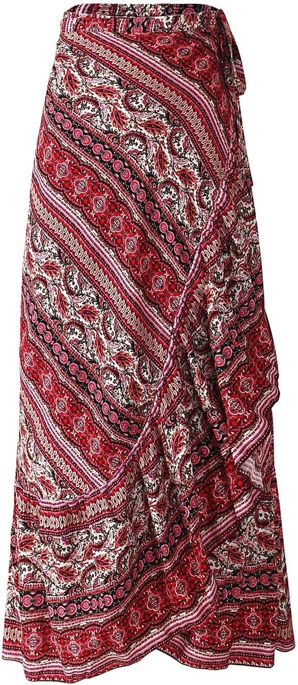 ForeMode Women Boho Print High Waist Side Wrap Bohemian Asymmetric Hem Maxi Long Skirt One Size