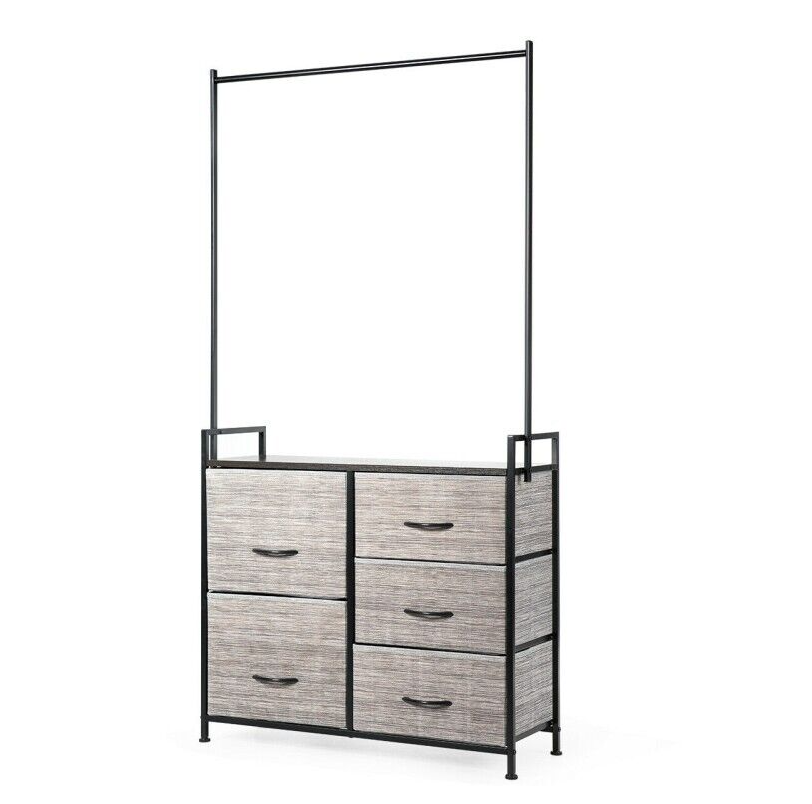 Dresser Hanger Metal Frame Wooden Top Storage Closet Organizer 5-Fabric Drawers