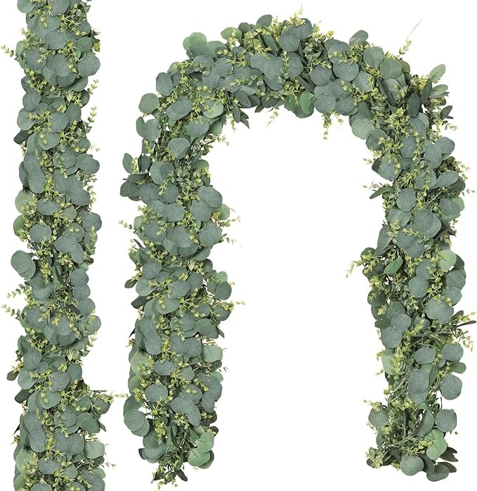 CQURE 2 Pack 5.9ft Eucalyptus Garland, Artificial Greenery Garland Fake Silver Dollar Eucalyptus Leaves Spring Garland Wreath Vines for Wedding Table Party Mantle Bedroom Wall Room Decor