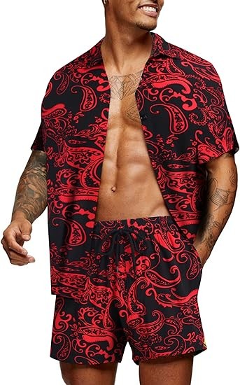 COOFANDY Men's Hawaiian 2-Piece Short Set Cruise Wear Short Sleeve Button Down Shirts and Shorts