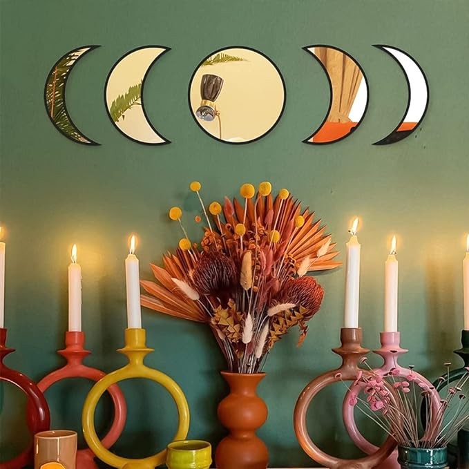 Slthe 5 Piece Moon Phase Mirror Set, Scandinavian Natural Decor Wall Decorative Mirror Home Decor Bohemian Moon Mirror for Living Room Bedroom, Acrylic Mirror, Not Real Mirror(Black)