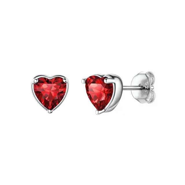 ChicSilver January Red Garnet Birthstone Heart Stud Earrings for Women Girls 925 Sterling Silver Gift for Birthday Christmas