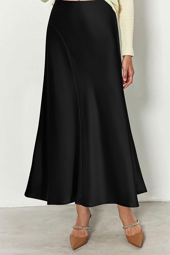 PRETTYGARDEN Women's Satin Midi Skirts 2024 Summer High Waisted A Line Elegant Cocktail Party Long Silk Skirt