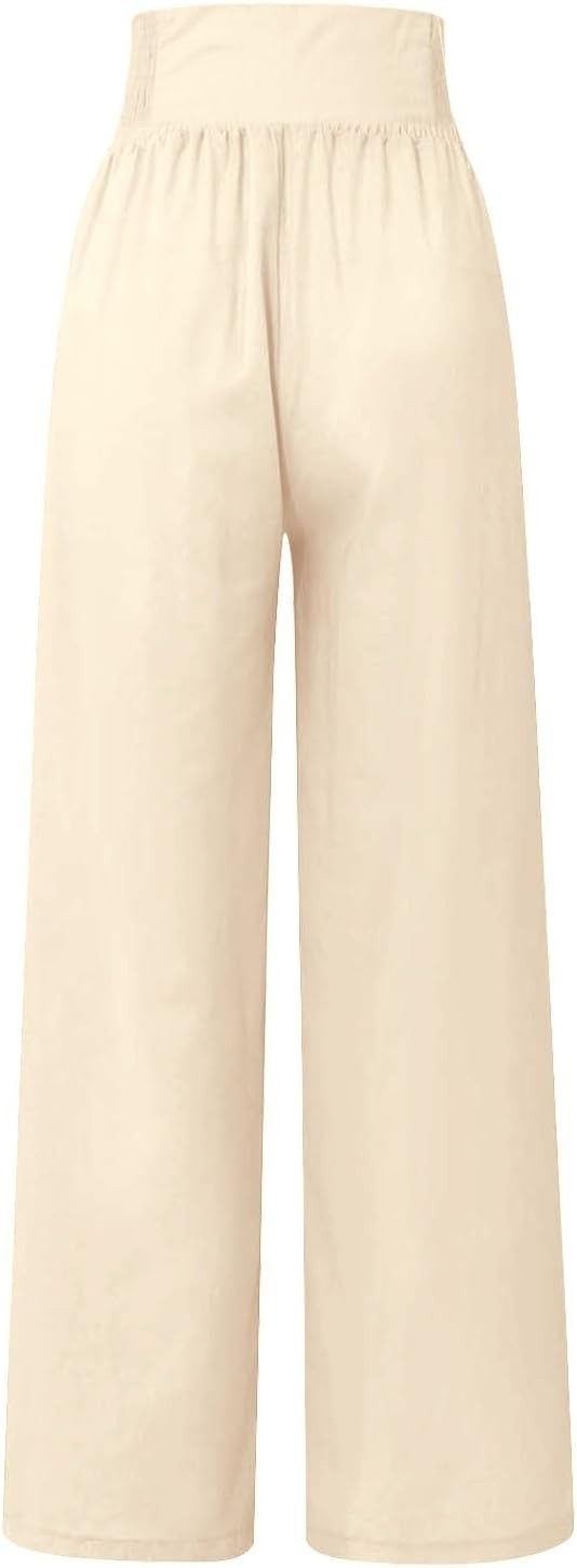 chaktkglok Linen Pants Women Comfy Flowy Wide Leg Pants Trousers Summer High Waisted Beach Palazzo Pants with Pockets 2024