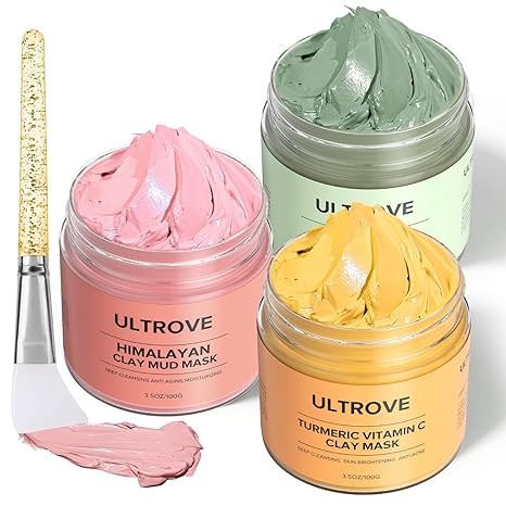 Ultrove 3 Pcs Clay Mask Set, Green Tea, Turmeric Vitamin C, Himalayan Clay Mask, Facial Skin Care Mask for Deep Cleansing, Soothing & Refining Pores(3.5oz each)