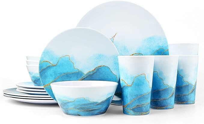 Aclema Melamine Dinnerware Sets 16 Pcs Dish Set Plates Bowls Cups Unbreakable for Kitchen Dinner Outdoor Indoor Service for 4