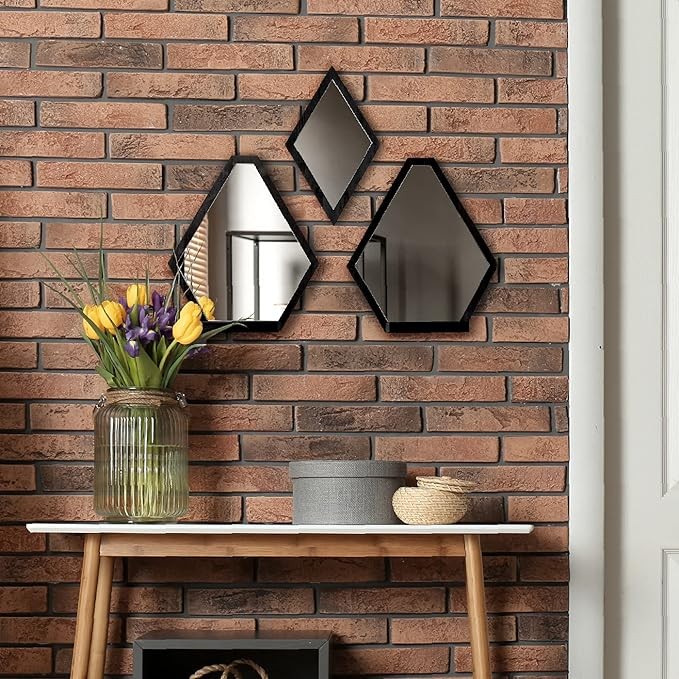 JACKCUBE Design Wall Mount Decorative Mirrors- Set of 3, Geometric Rustic Wood Real Mirror with Shelf for Bedroom, Bathroom, Living Room, Kitchen Wall Art Décor- MK689A