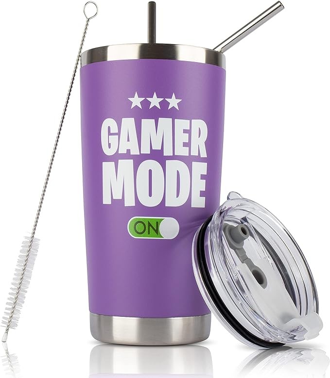 JENVIO Gamer Gifts for Men - Gamer Mode ON - Stainless Steel Tumbler for Coffee/Cold Drinks w Lid and 2 Straws | Gift Idea Gamer Cup - Video Gamer Mug Boys Valentine's Day Gift (20 Ounce Purple)