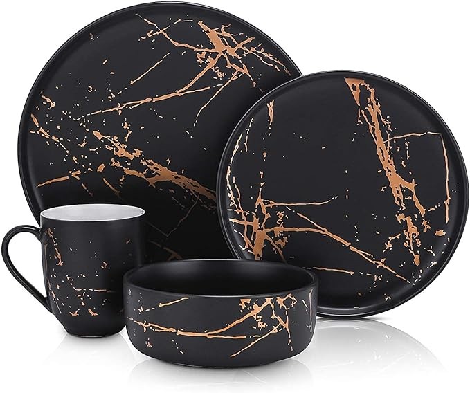 Stone Lain Modern Gold Splash Exquisite Fine China Dinnerware Set, 16 Piece - Service for 4, Black & Gold