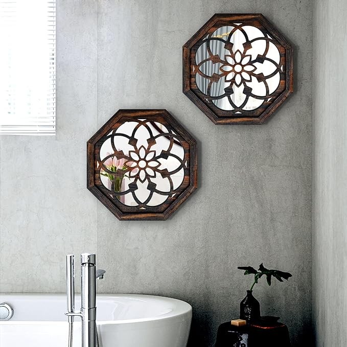 ZOLAPI 2-Piece Octagon Wall-Mounted Mirrors,Vintage Farmhouse Mirror for Wall Decor,Caramel Color Decorative Accent Mirror for Foyer, Bathroom, Bedroom. (12”x12”)