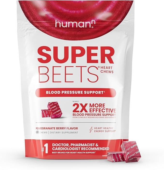 HumanN SuperBeets Heart Chews, Nitric Oxide and Blood Pressure Support, Grape Seed Extract & Non-GMO Beet Root Powder Energy Supplement, Pomegranate Berry Flavor, 60 Count