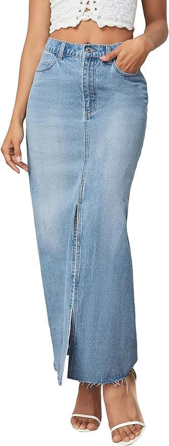 Verdusa Women's Split Thigh High Waist Bodycon Maxi Denim Skirt