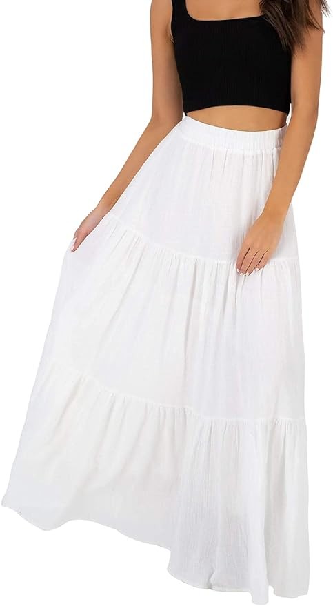 Annebouti Womens Summer Spring Boho Elastic Long Skirts High Waist Pleated A Line Tiered White or Black Maxi Skirt