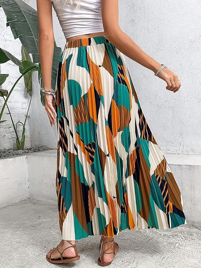 OYOANGLE Women's Boho Geo Print Elastic High Waist Flowy Pleated Maxi Skirt Vacation Skirts