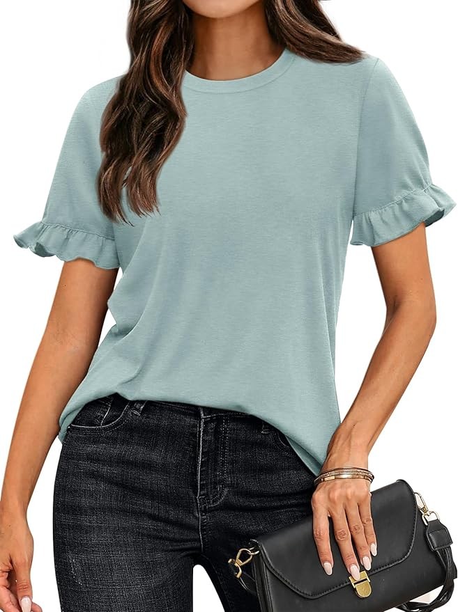 AUTOMET Womens Casual Cute Tops Ruffle Short Sleeve T Shirts Dressy Blouses Summer Spring Outfits Trendy Clothes
