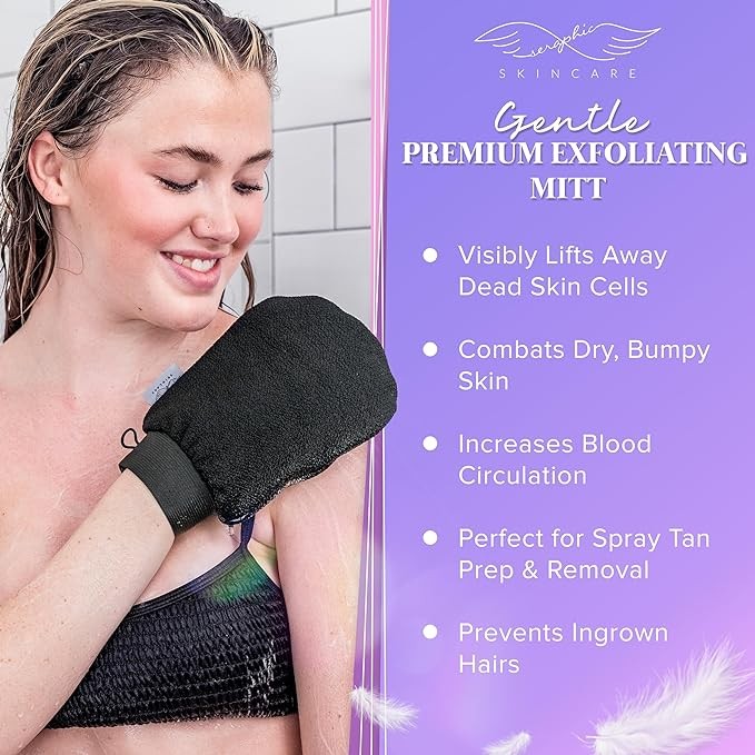 Seraphic Skincare Premium Exfoliating Mitt for Body, Gentle – Viscose Fiber Korean Exfoliating Glove for Sensitive Skin – Body Exfoliator for Self-Tan Removal and Application