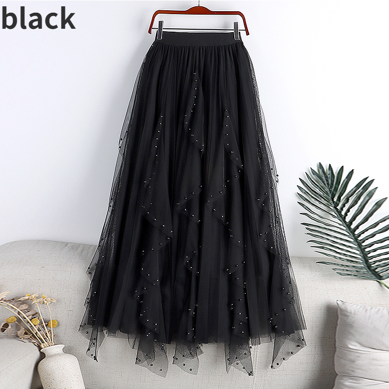 Women Mesh Ruffled Skirt A-line Beaded Gauze Half Dress High Waist Swing Skirt