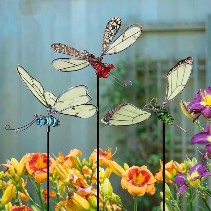 Juegoal 20 Inch Butterfly Garden Stakes Decor, Dragonfly Stakes, Hummingbird Glow in Dark Metal Yard Art for Mom, Mothers Day Ideal Gifts, Indoor Outdoor Lawn Pathway Patio Ornaments, Set of 3