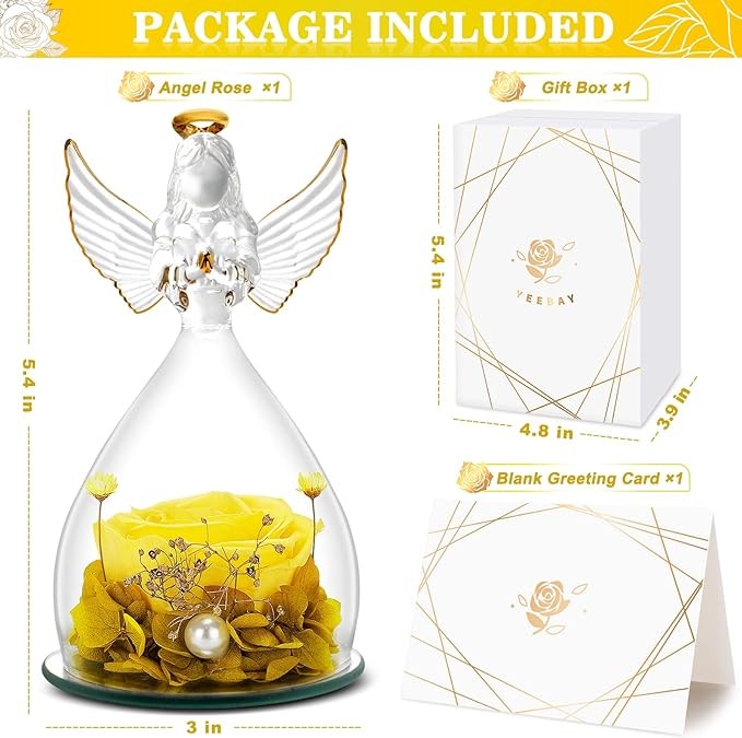 YEEBAY Preserved Flowers Gift for Mom, Grandma, Angel Figurine with Rose, Ideal Birthday, for Her, Women, Wife, Sister