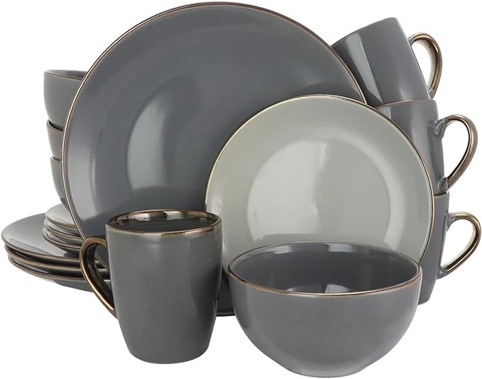 Elama Round Stoneware Grand Collection Dinnerware Dish Set, 16 Piece, Assorted Solid Gray