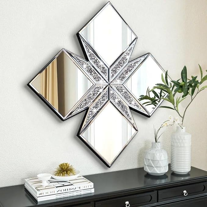 VOHJD Crushed Diamond Decorative Mirror 22.25x22.25” Diamond Shape Glass Wall Mirror for Home Decoration, Exquisite Accent Wall Decor