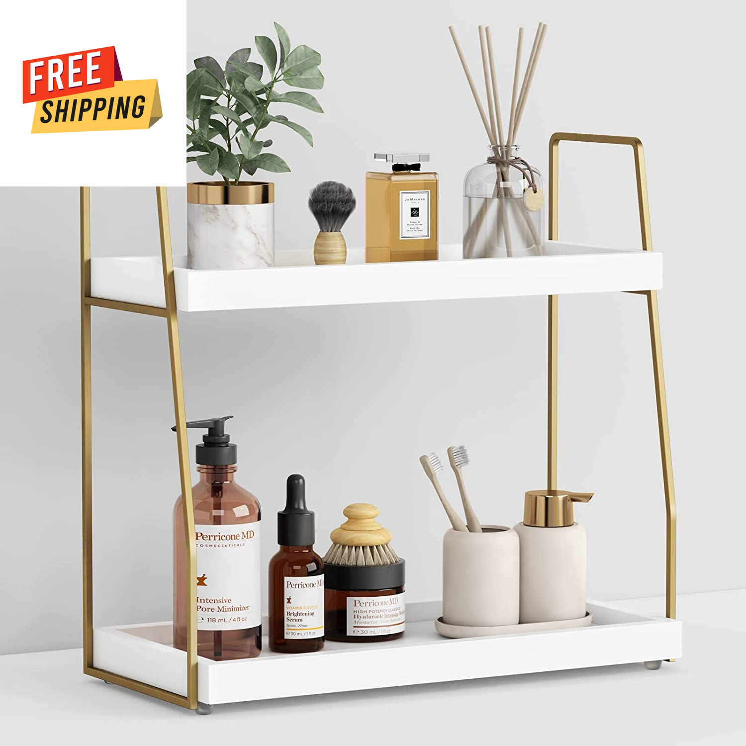 2-Tier White and Gold Bathroom Organizer Countertop - Wooden Sink Organizer Shel