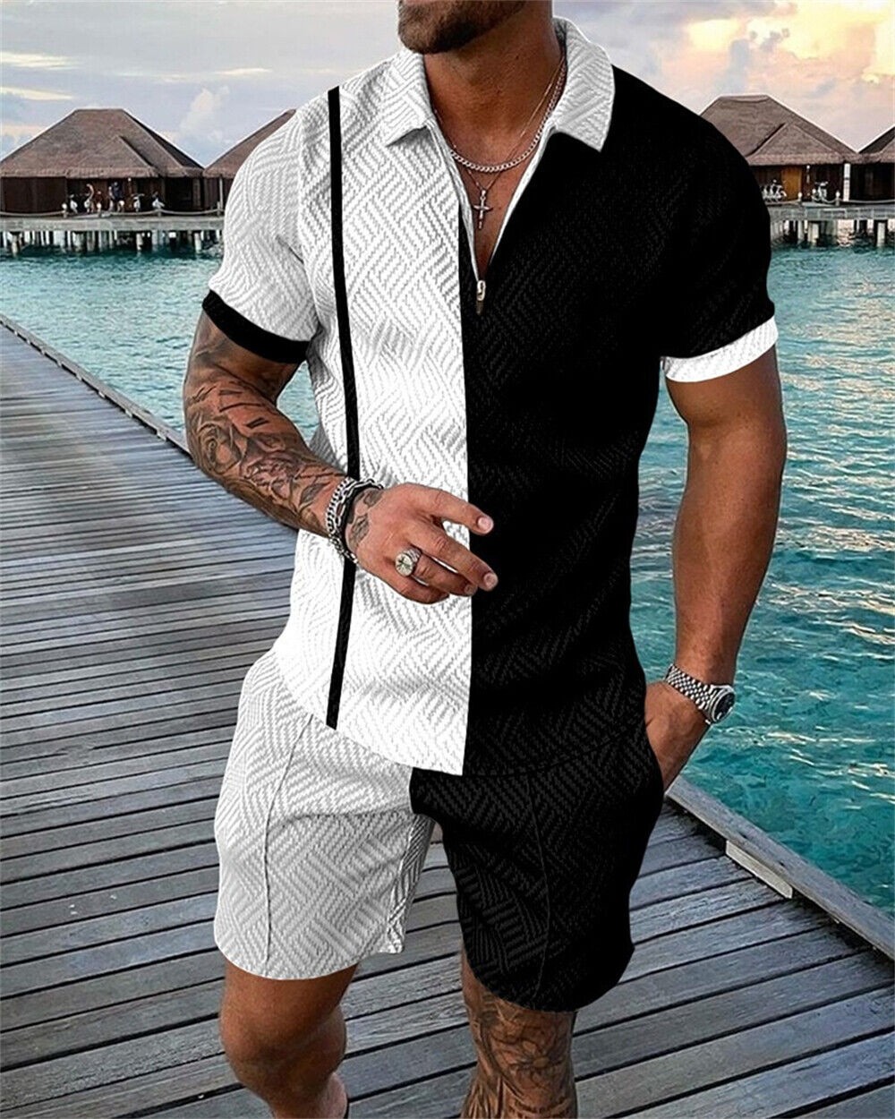 Mens Short Sets Outfits 2 Piece Tracksuit Short Sleeve Polo Shirt and Shorts Set