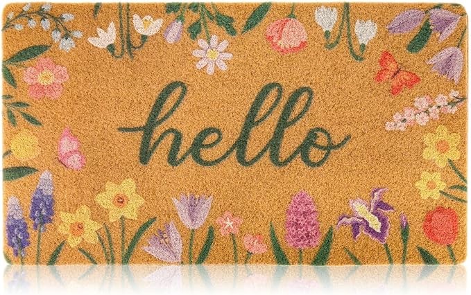 Dripykiaa Hello Spring Door Mat for Front Door 30''x 17'' Coir Welcome Mat with Anti-Slip Backing Indoor & Outdoor Use, Floral Spring Doormat for Outdoor Entrance,Perfect Home Decor