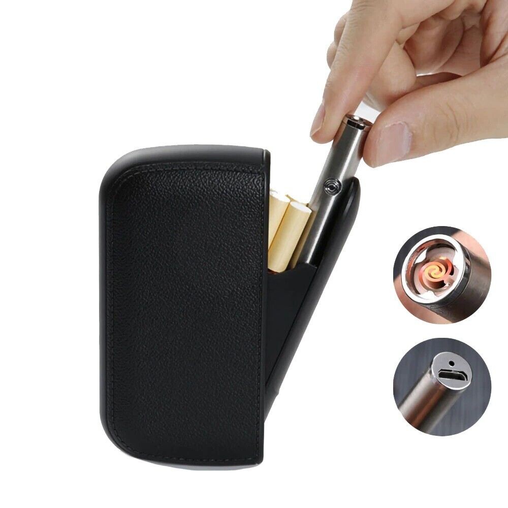 Leather Cigarette Case Smoke Tobacco Box Lightweight Holder Electric Lighter