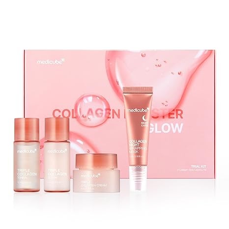 Medicube Glass Skin Glow Collagen Trial Kit | 4 Step with Facial Toner, Serum, Cream & Peel Off Mask | Achieve Glassy Glow & Firm Skin | Korean Skin Care