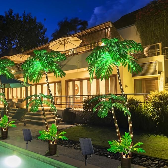 Solar Lighted Artificial Palm Tree for Outside Patio,6 FT Lighted Christmas Palm Tree Decorations Decor,Fake Palm Trees Pool Decorations Outdoor for Tiki Bar Tropical Party Housewarming