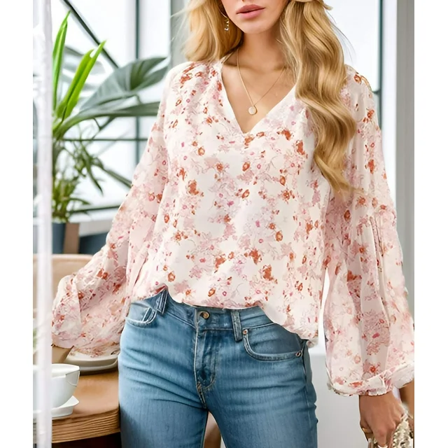 Wataxii Women's Casual Boho Floral Print V Neck Long Sleeve Loose Blouses Shirts Tops