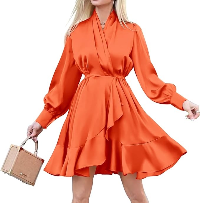 Pretty Garden Womens Fall Long Puff Sleeve V Neck Ruffle A Line Short Flowy Dress