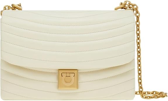 Salvatore Ferragamo Quilted Medium Gancini Plaque Shoulder Bag In White