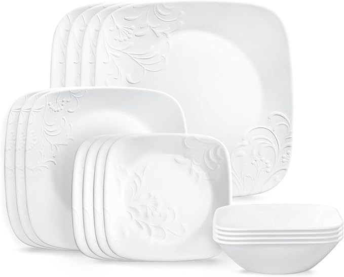 Corelle Cherish 16pc, Service for 4, Dinnerware Set, 8 Plates 8 Bowls, Chip & Break Resistant, Dinner Plates and Dinner Bowls, Corelleware Plates, White Visit the Corelle Store